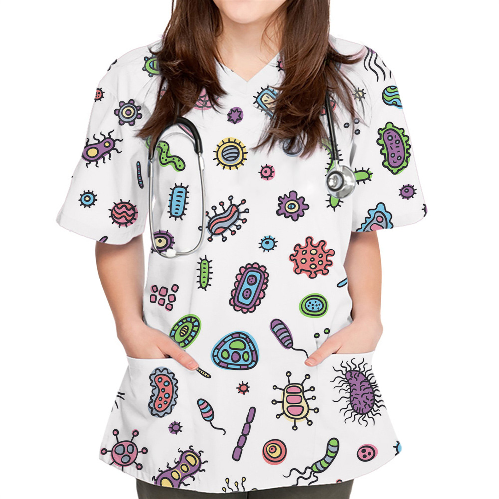 Medical Lab Uniform - Nowe damskie bluzki z nadrukiem bakteriogramu,
